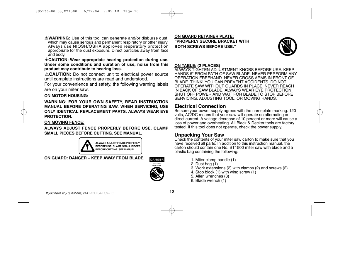 Electrical connection, Unpacking your saw | Black & Decker 395136-00 User Manual | Page 10 / 48