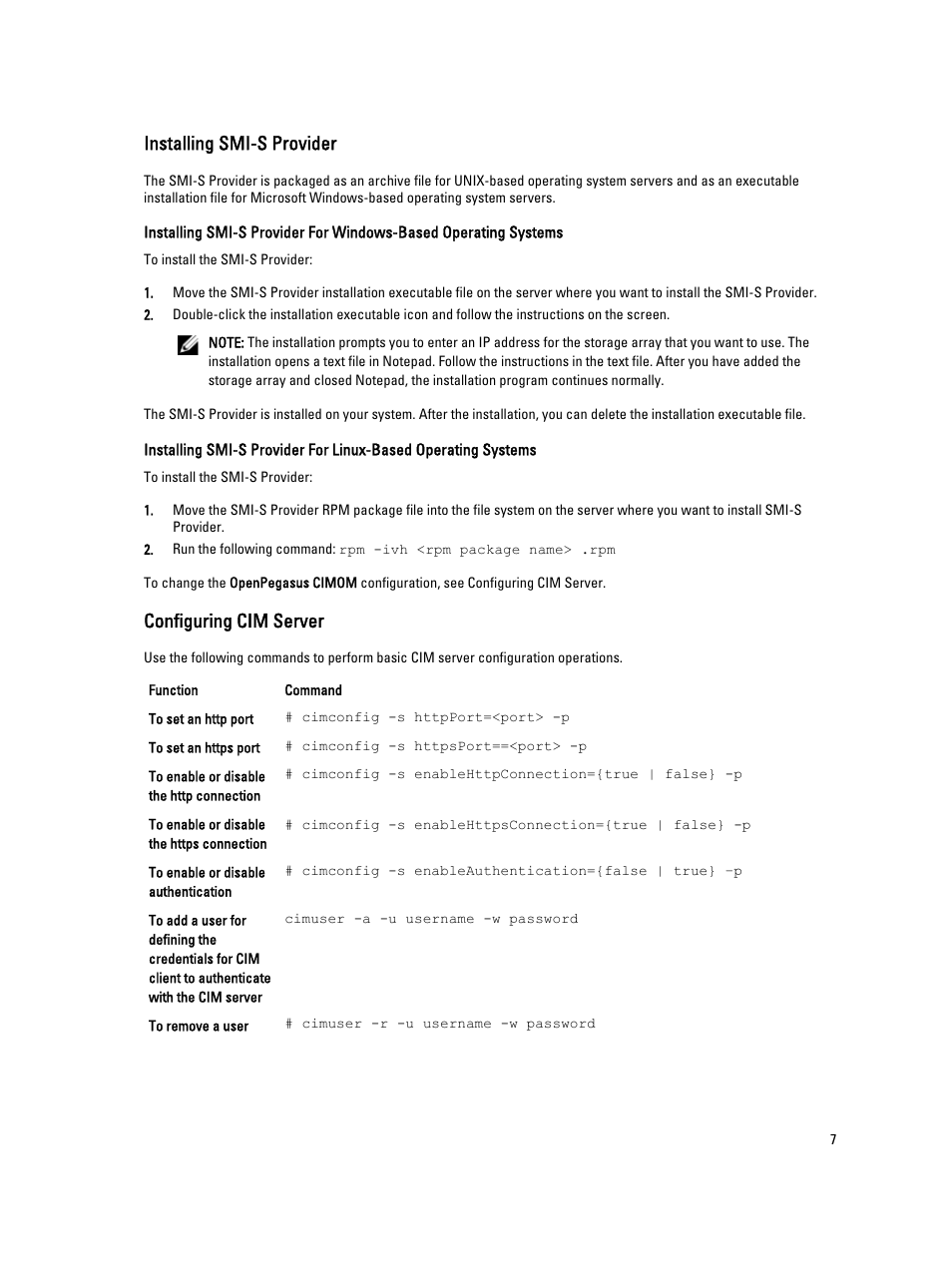 Installing smi-s provider, Configuring cim server | Dell PowerVault MD3400 User Manual | Page 7 / 11