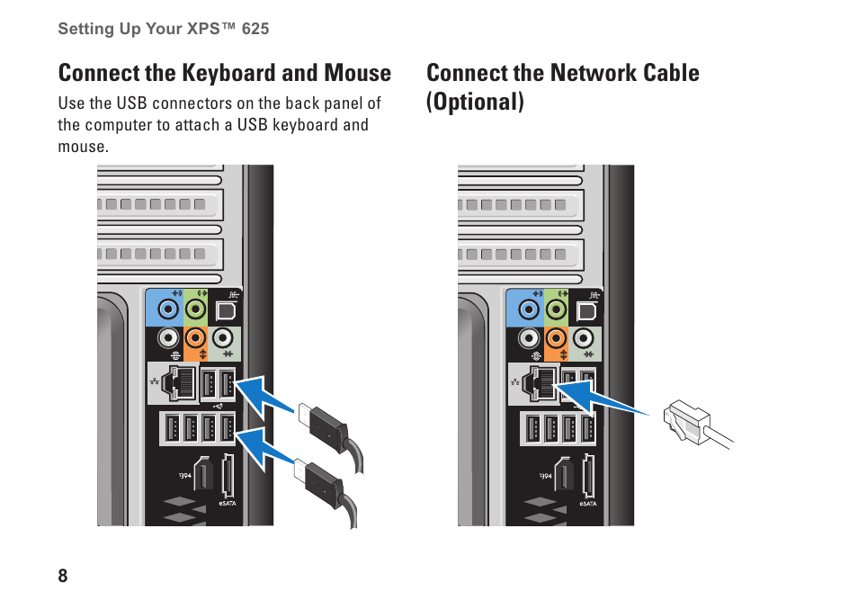 Connect the keyboard and mouse, Connect the network cable (optional) | Dell XPS 625 (Early 2009) User Manual | Page 10 / 62