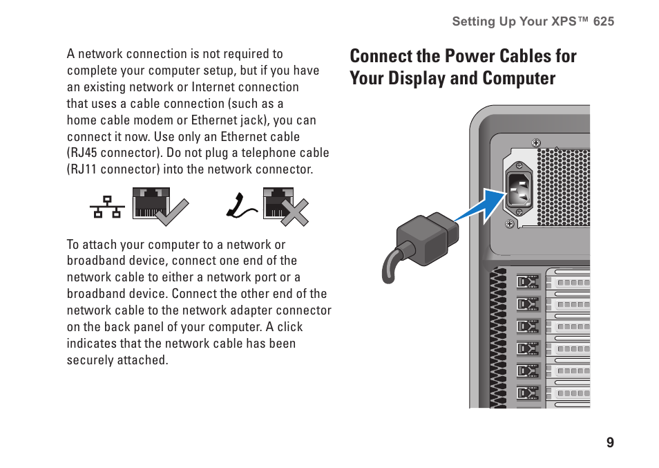 Connect the power cables for your, Display and computer | Dell XPS 625 (Early 2009) User Manual | Page 11 / 62