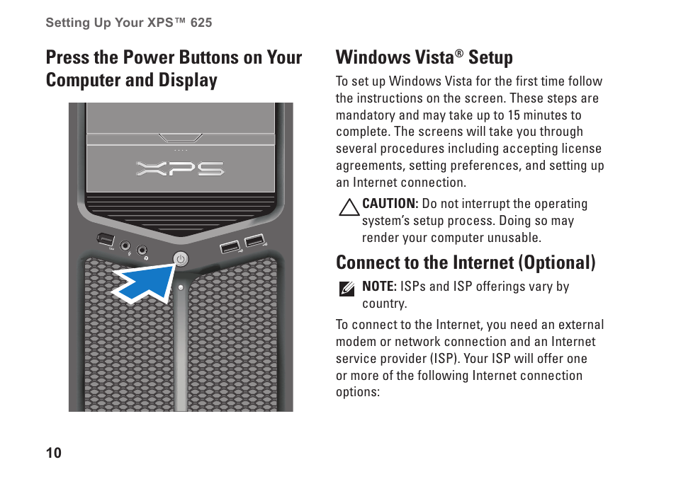 Windows vista® setup, Connect to the internet (optional), Windows vista | Setup | Dell XPS 625 (Early 2009) User Manual | Page 12 / 62