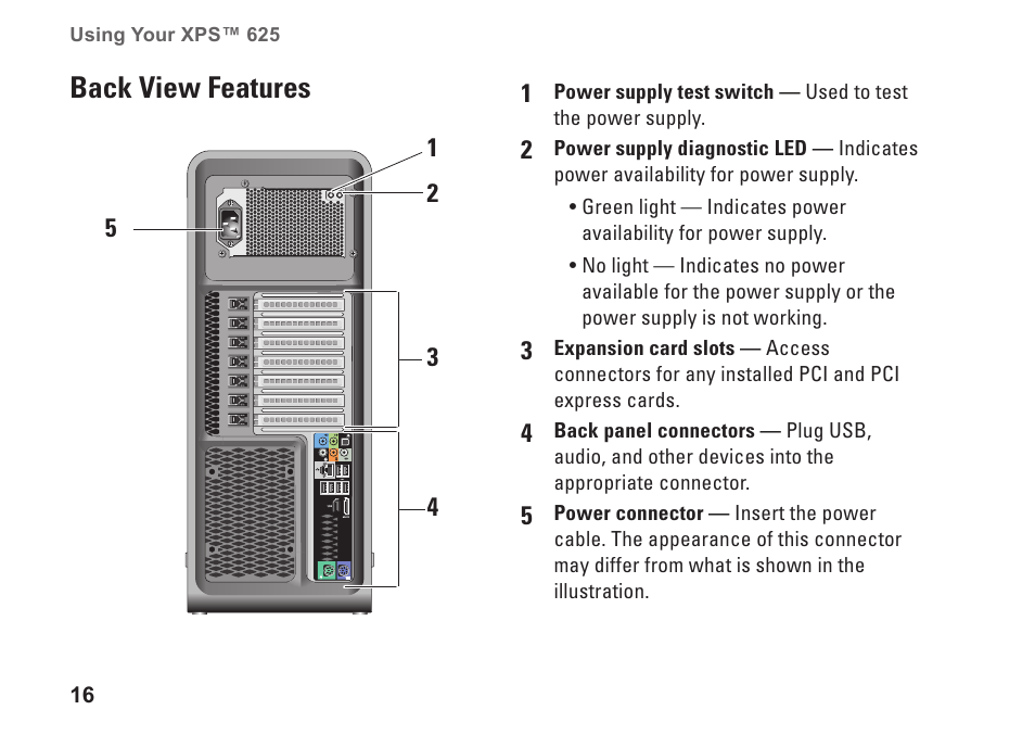 Back view features | Dell XPS 625 (Early 2009) User Manual | Page 18 / 62