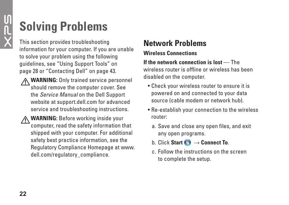 Solving problems, Network problems | Dell XPS 625 (Early 2009) User Manual | Page 24 / 62