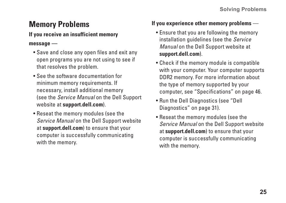 Memory problems | Dell XPS 625 (Early 2009) User Manual | Page 27 / 62