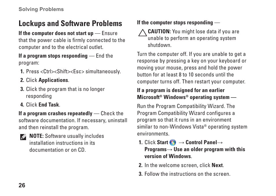 Lockups and software problems | Dell XPS 625 (Early 2009) User Manual | Page 28 / 62