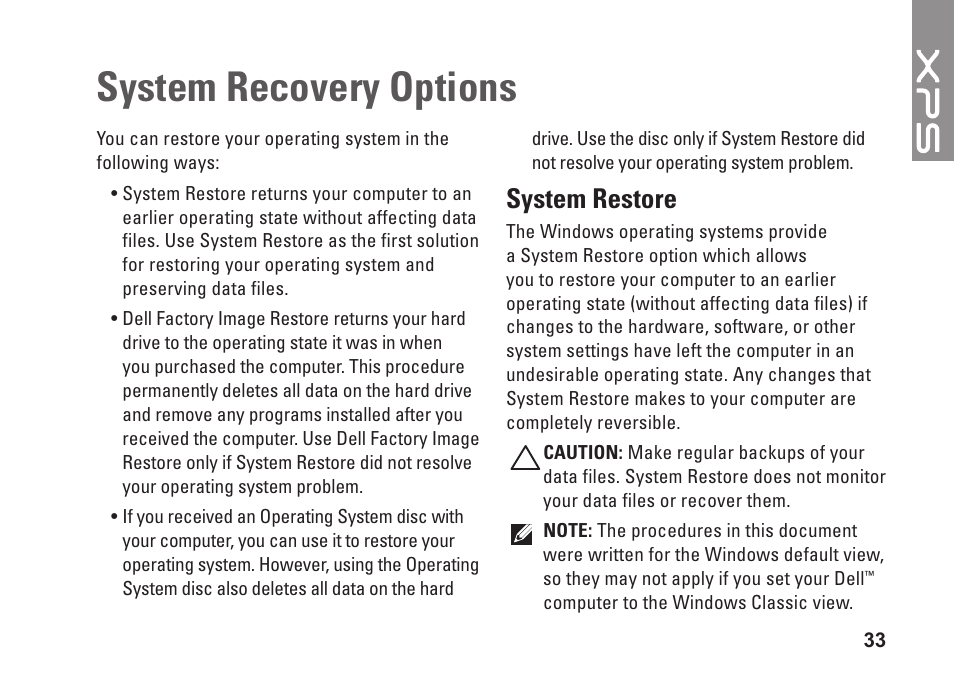 System recovery options, System restore | Dell XPS 625 (Early 2009) User Manual | Page 35 / 62