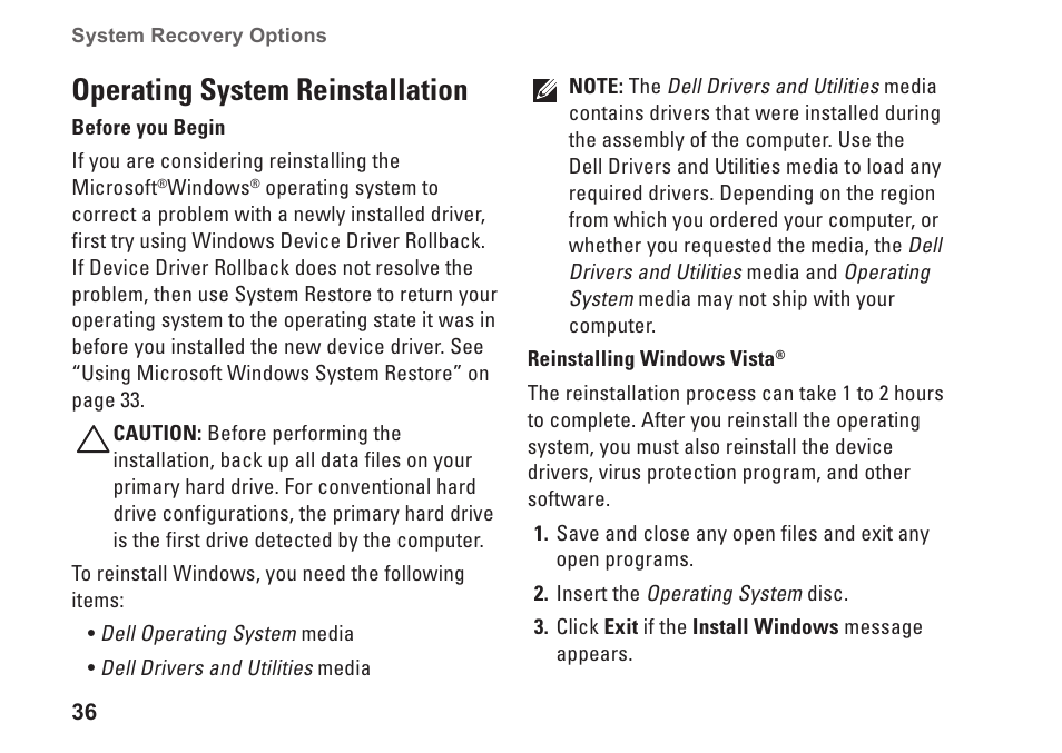 Operating system reinstallation | Dell XPS 625 (Early 2009) User Manual | Page 38 / 62
