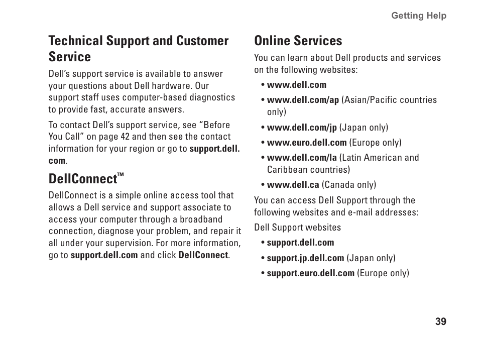 Technical support and customer service, Dellconnect, Online services | Technical support and customer, Service dellconnect | Dell XPS 625 (Early 2009) User Manual | Page 41 / 62