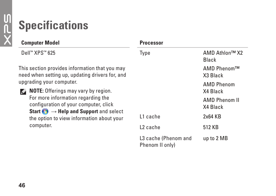 Specifications | Dell XPS 625 (Early 2009) User Manual | Page 48 / 62