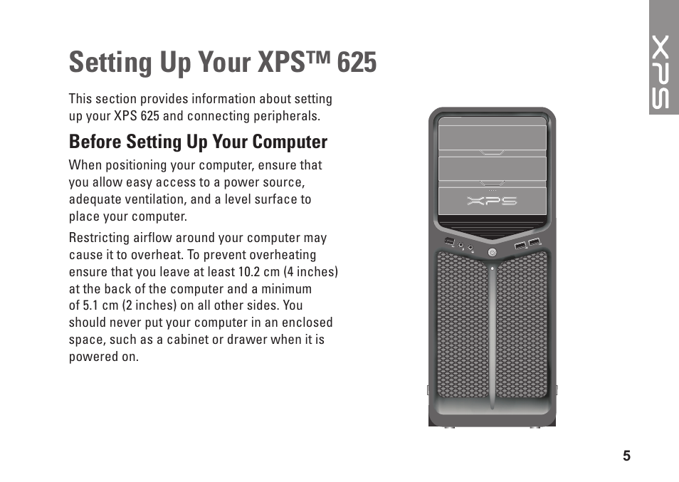 Setting up your xps™ 625, Before setting up your computer | Dell XPS 625 (Early 2009) User Manual | Page 7 / 62