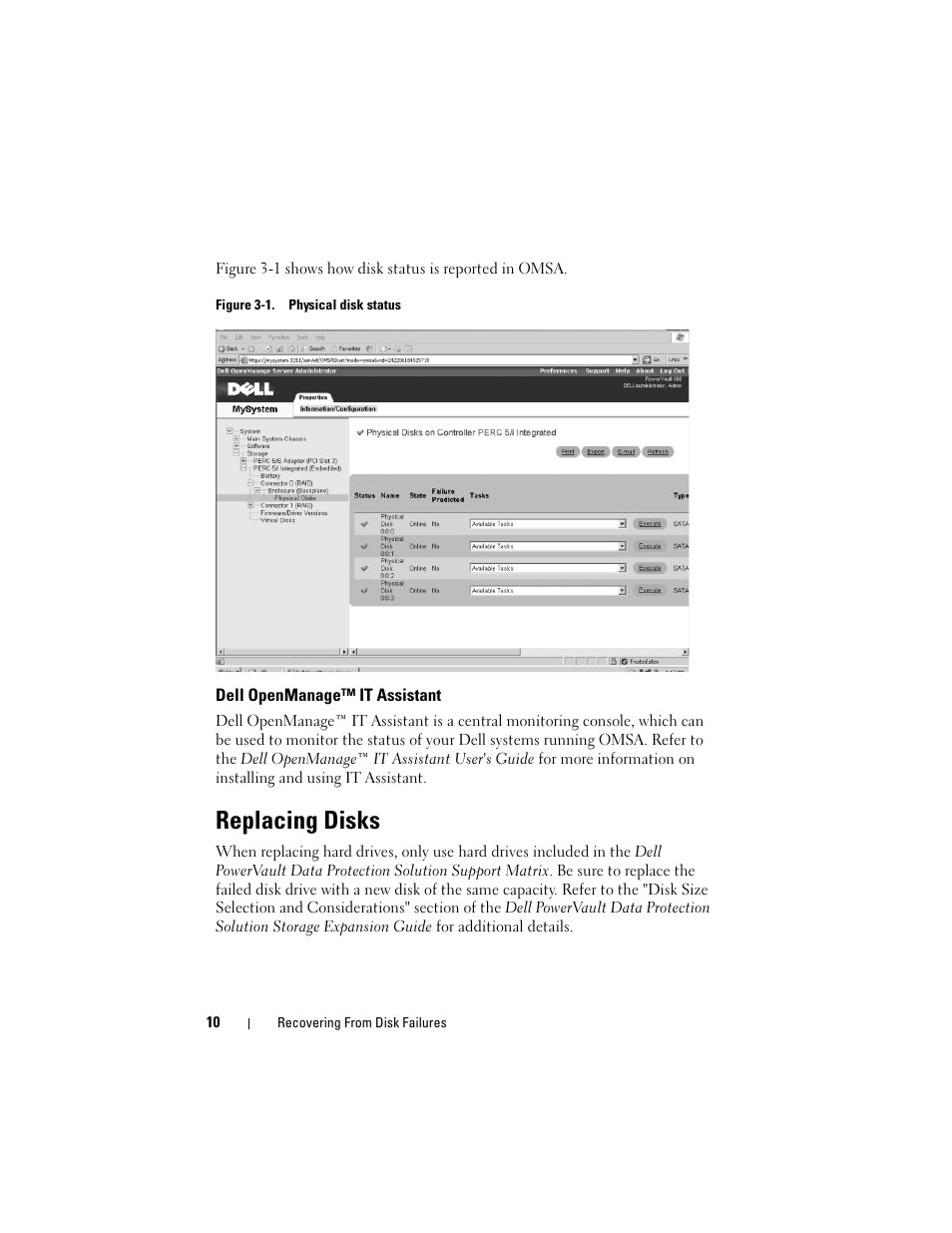 Dell openmanage™ it assistant, Replacing disks | Dell PowerVault DP500 User Manual | Page 10 / 40