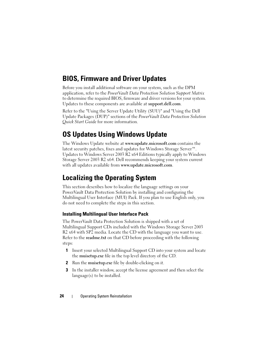 Bios, firmware and driver updates, Os updates using windows update, Localizing the operating system | Installing multilingual user interface pack | Dell PowerVault DP500 User Manual | Page 24 / 40