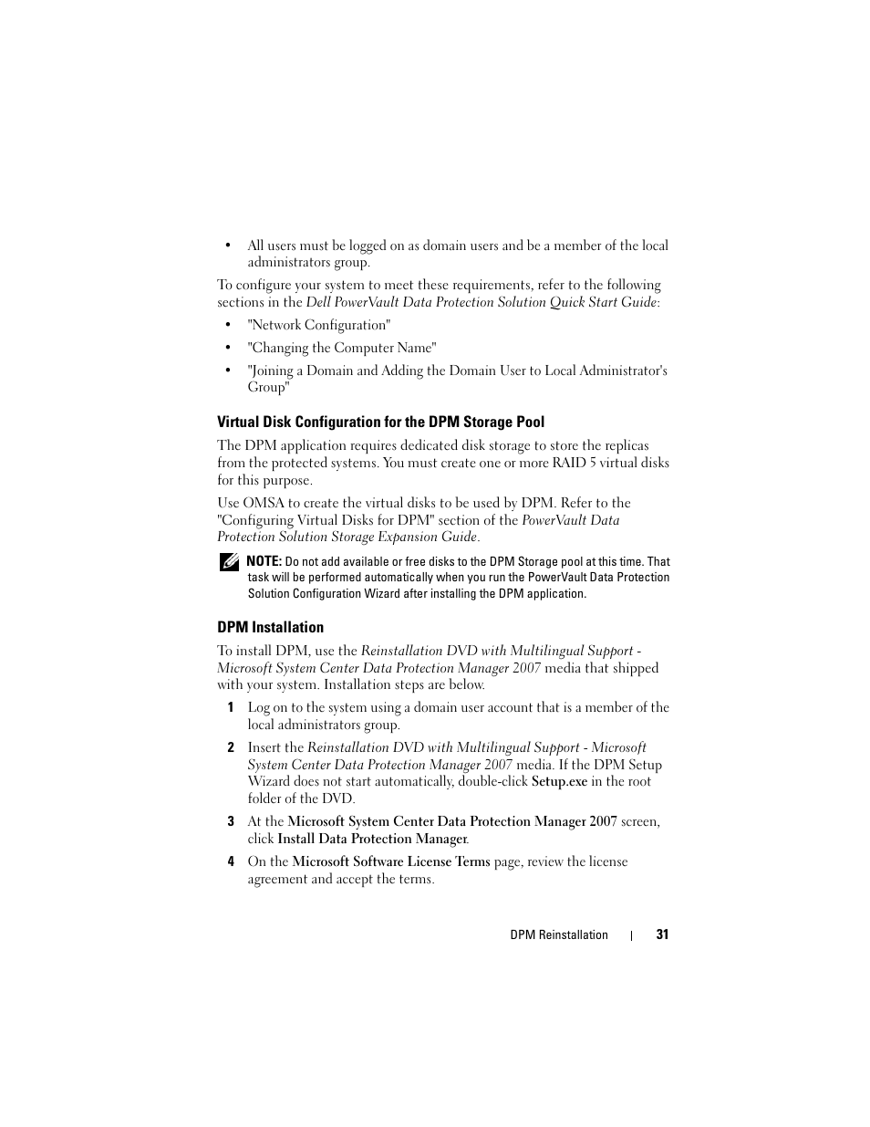 Dpm installation | Dell PowerVault DP500 User Manual | Page 31 / 40