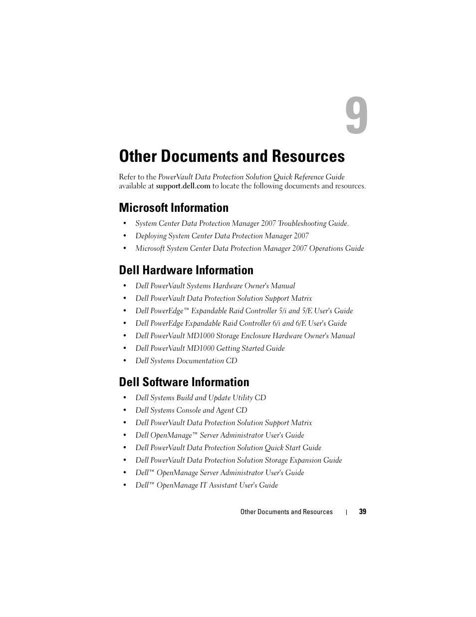 Other documents and resources, Microsoft information, Dell hardware information | Dell software information | Dell PowerVault DP500 User Manual | Page 39 / 40
