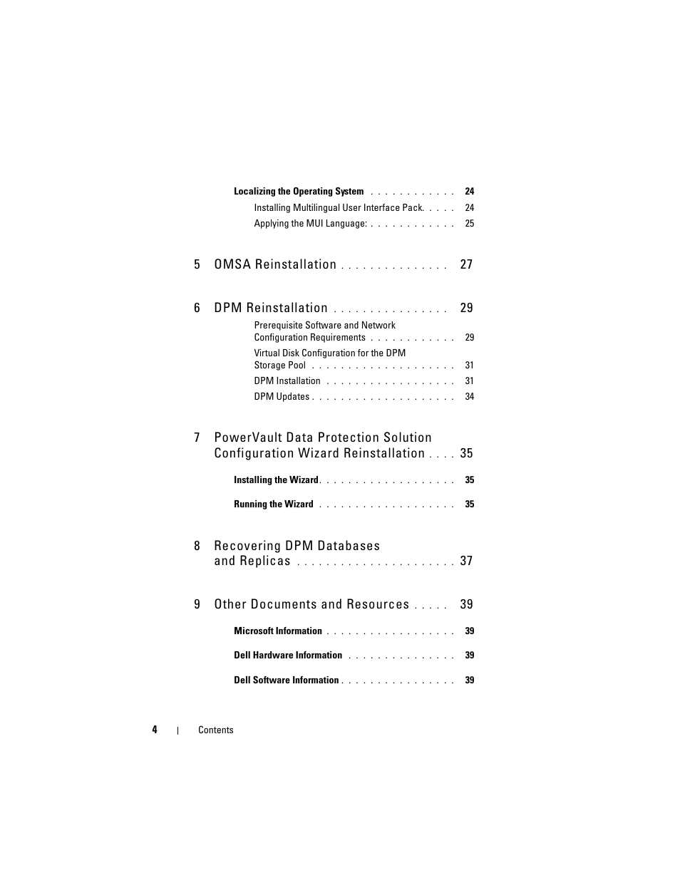 5omsa reinstallation, 27 6 dpm reinstallation, 8recovering dpm databases and replicas | 37 9 other documents and resources | Dell PowerVault DP500 User Manual | Page 4 / 40