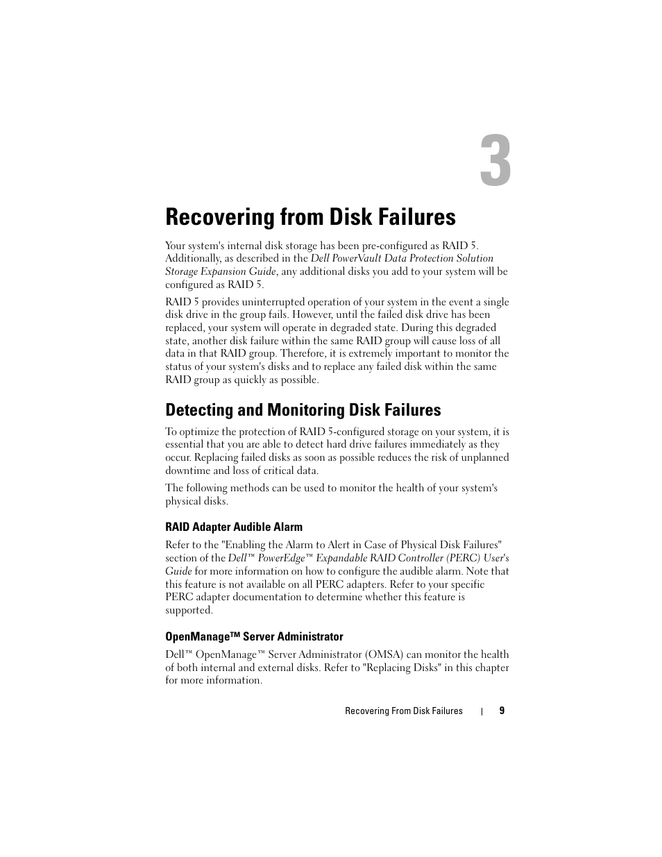 Recovering from disk failures, Detecting and monitoring disk failures, Raid adapter audible alarm | Openmanage™ server administrator | Dell PowerVault DP500 User Manual | Page 9 / 40