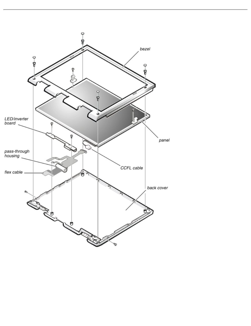 Inch xga display disassembly, Bezel removal | Dell Inspiron 5000e User Manual | Page 26 / 29