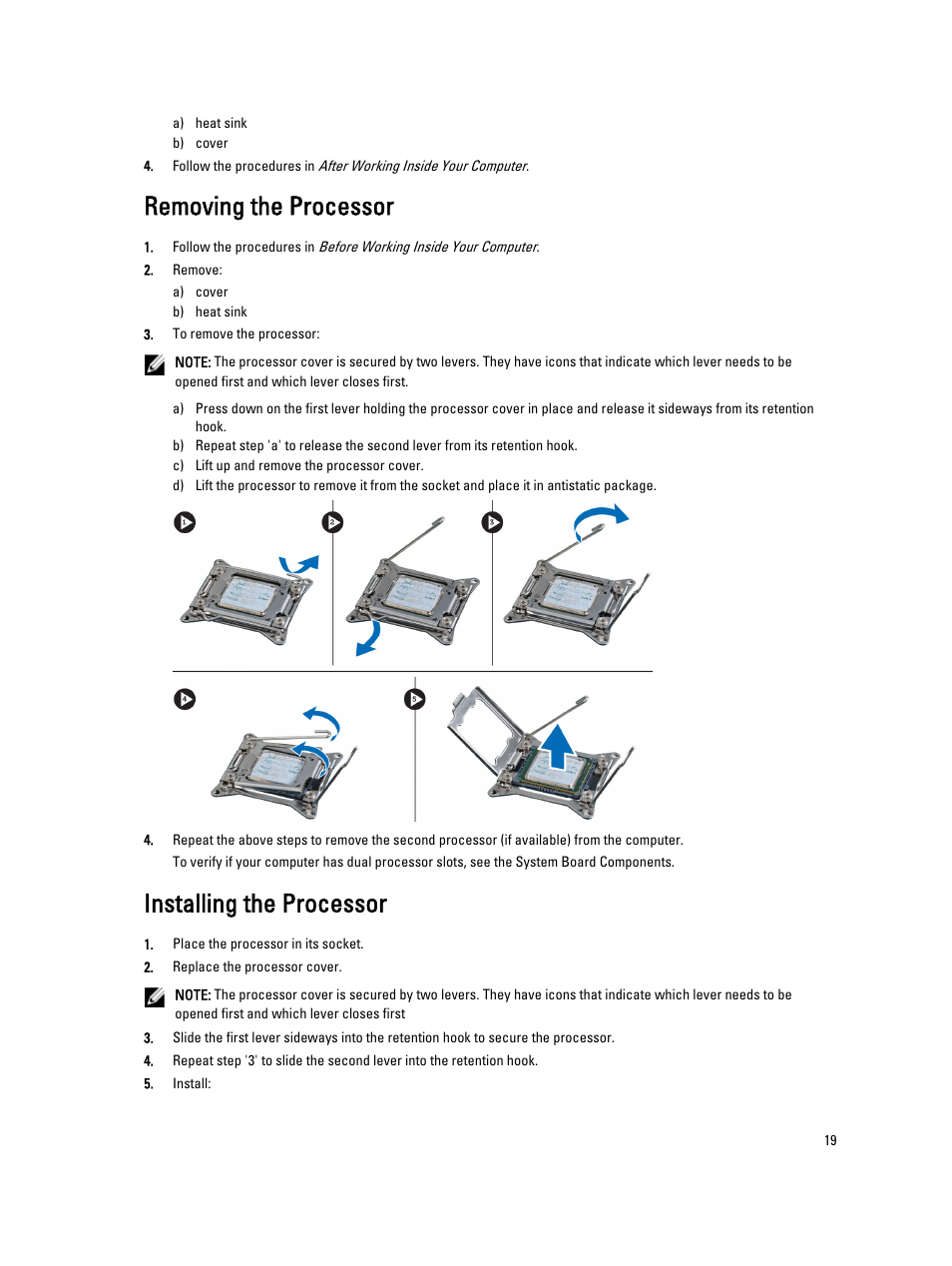 Removing the processor, Installing the processor | Dell Precision T5600 (Mid 2012) User Manual | Page 19 / 65