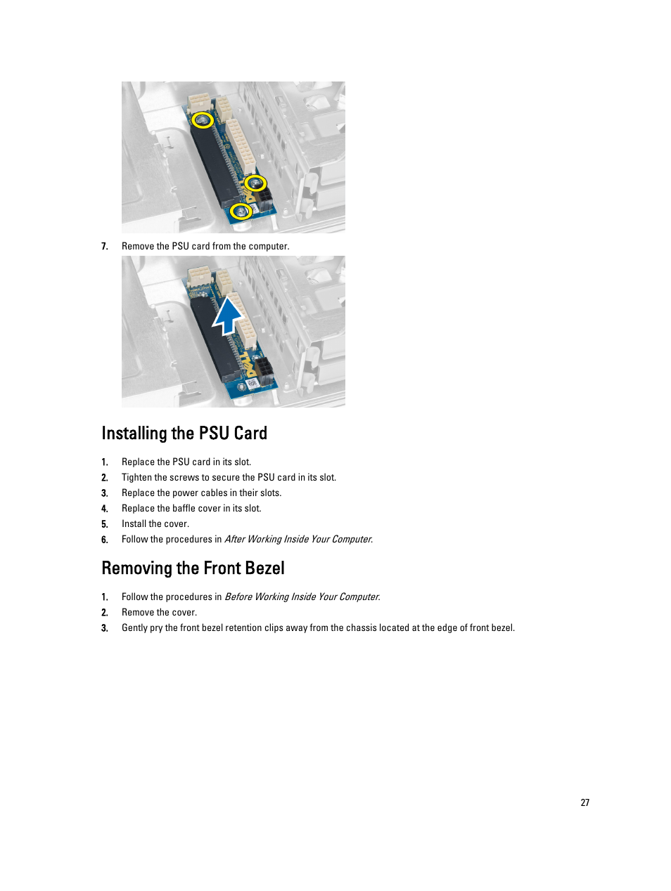 Installing the psu card, Removing the front bezel | Dell Precision T5600 (Mid 2012) User Manual | Page 27 / 65