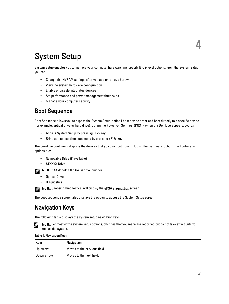 System setup, Boot sequence, Navigation keys | 4 system setup | Dell Precision T5600 (Mid 2012) User Manual | Page 39 / 65