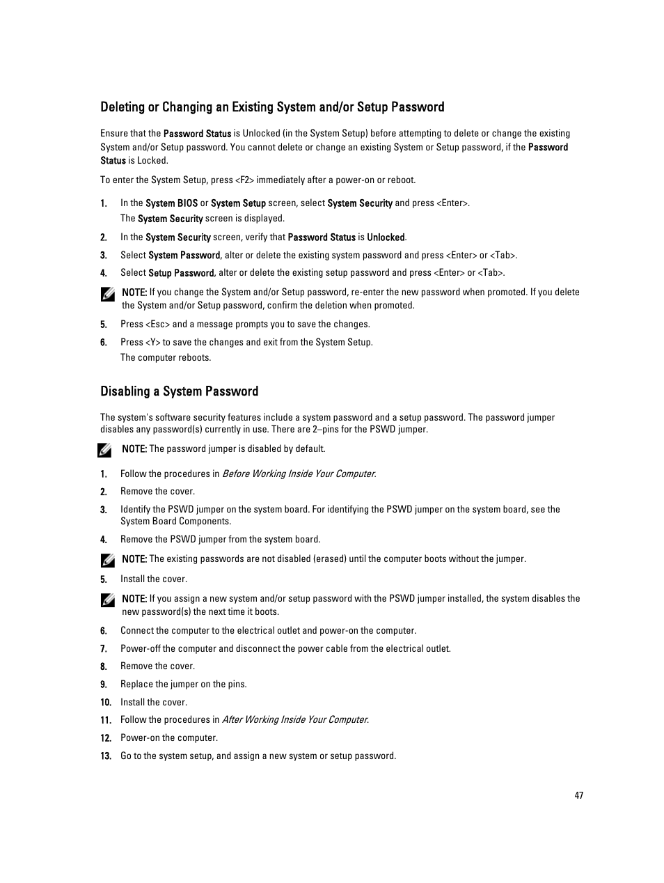 Disabling a system password | Dell Precision T5600 (Mid 2012) User Manual | Page 47 / 65