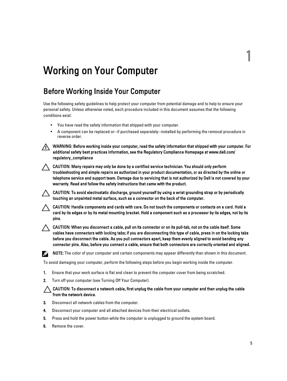 Working on your computer, Before working inside your computer, 1 working on your computer | Dell Precision T5600 (Mid 2012) User Manual | Page 5 / 65