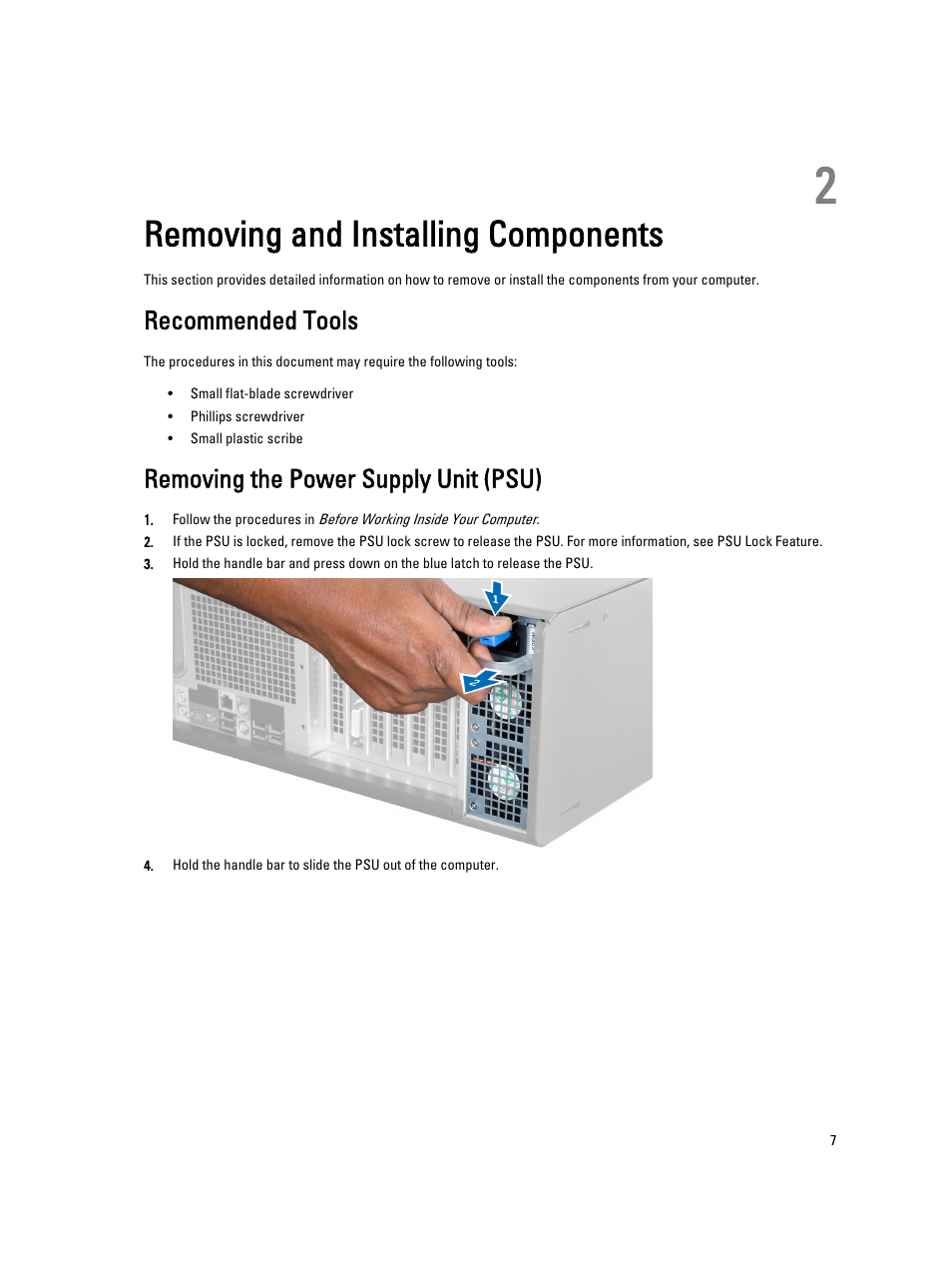 Removing and installing components, Recommended tools, Removing the power supply unit (psu) | 2 removing and installing components | Dell Precision T5600 (Mid 2012) User Manual | Page 7 / 65