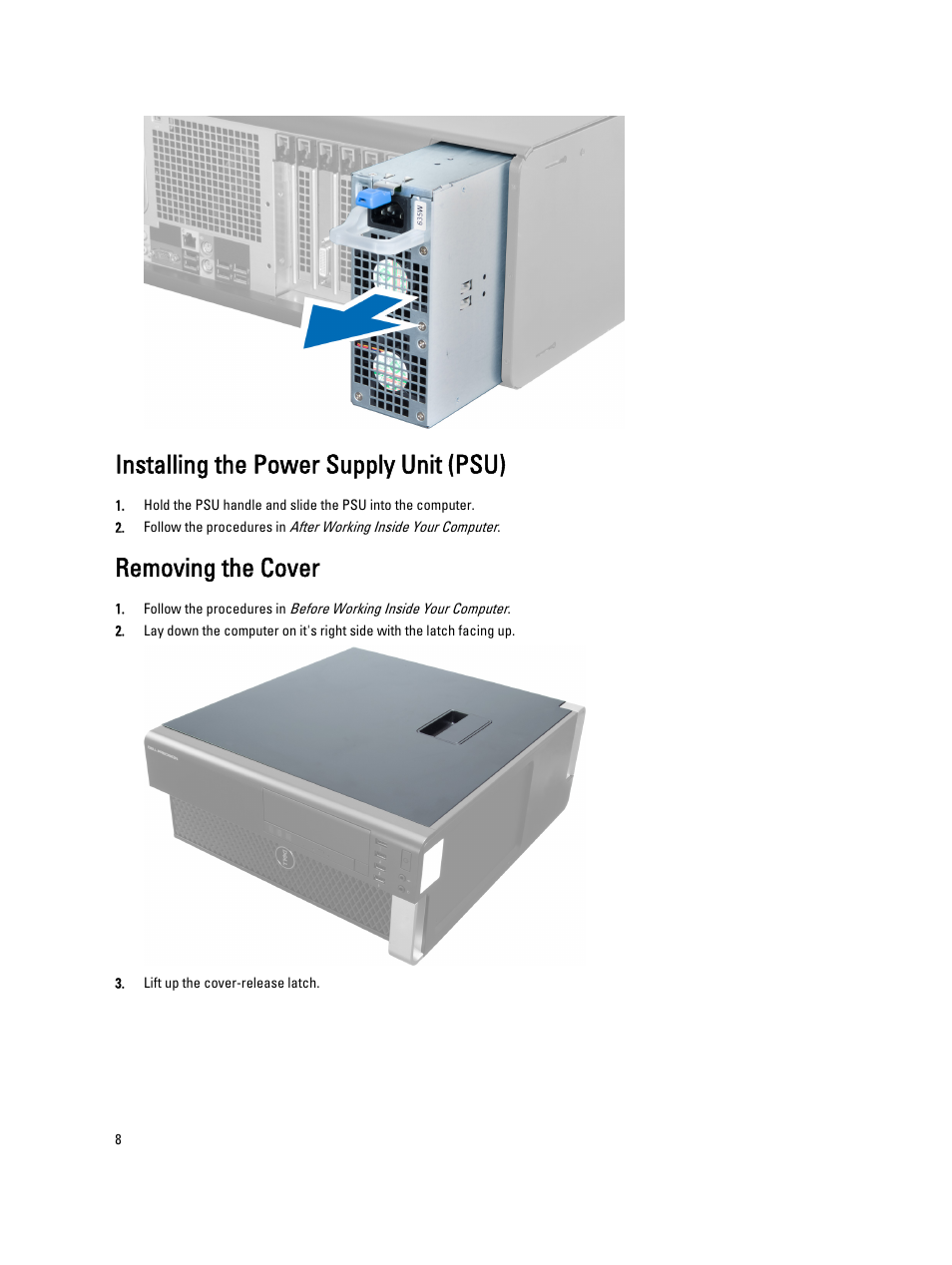 Installing the power supply unit (psu), Removing the cover | Dell Precision T5600 (Mid 2012) User Manual | Page 8 / 65