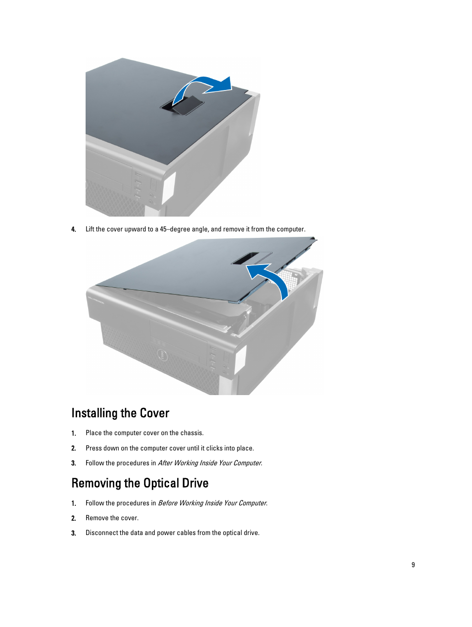 Installing the cover, Removing the optical drive | Dell Precision T5600 (Mid 2012) User Manual | Page 9 / 65