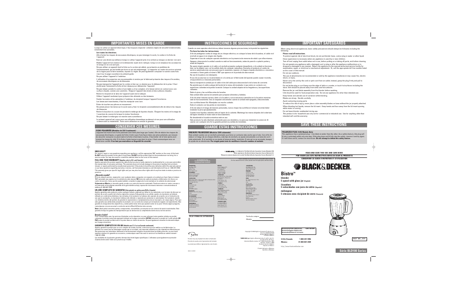 Black & Decker BISTRO BLD100 User Manual | 2 pages