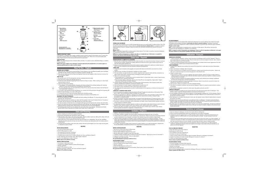 How to use – english care and cleaning, Ab c, Como usar - español | Cuidado y limpieza, Utilisation - français, Entretien et nettoyage | Black & Decker BISTRO BLD100 User Manual | Page 2 / 2