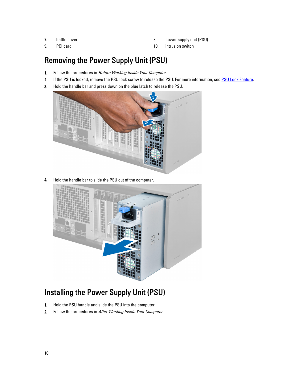 Removing the power supply unit (psu), Installing the power supply unit (psu) | Dell Precision T3610 (Late 2013) User Manual | Page 10 / 65