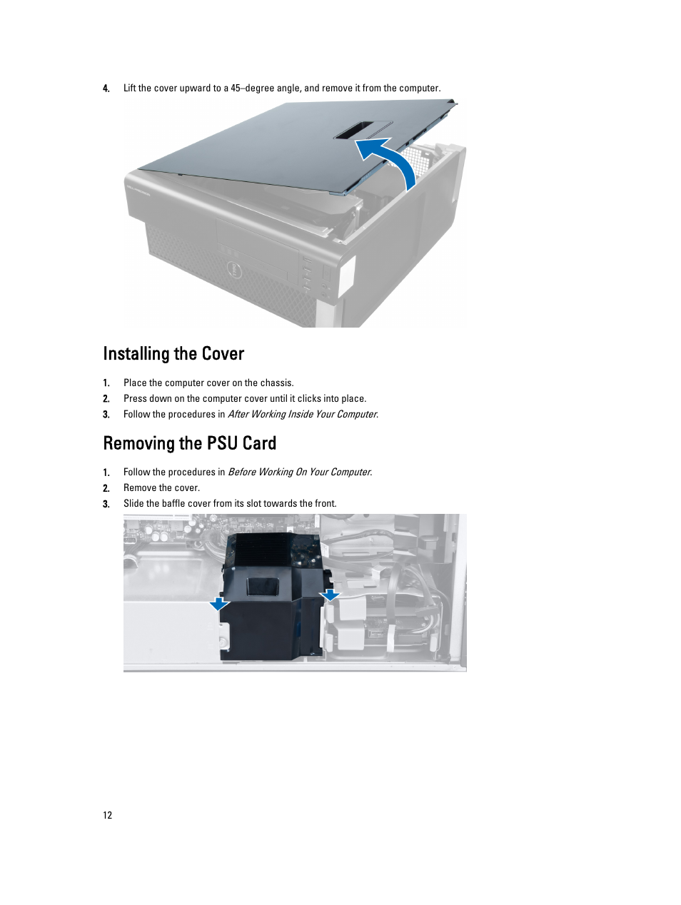 Installing the cover, Removing the psu card | Dell Precision T3610 (Late 2013) User Manual | Page 12 / 65