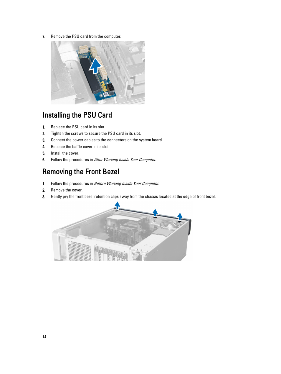 Installing the psu card, Removing the front bezel | Dell Precision T3610 (Late 2013) User Manual | Page 14 / 65