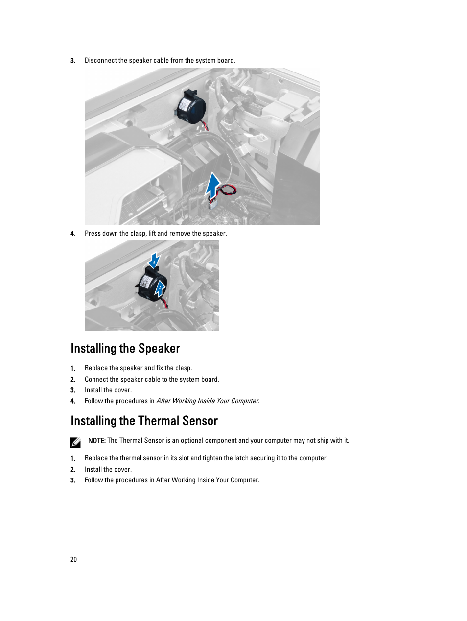 Installing the speaker, Installing the thermal sensor | Dell Precision T3610 (Late 2013) User Manual | Page 20 / 65