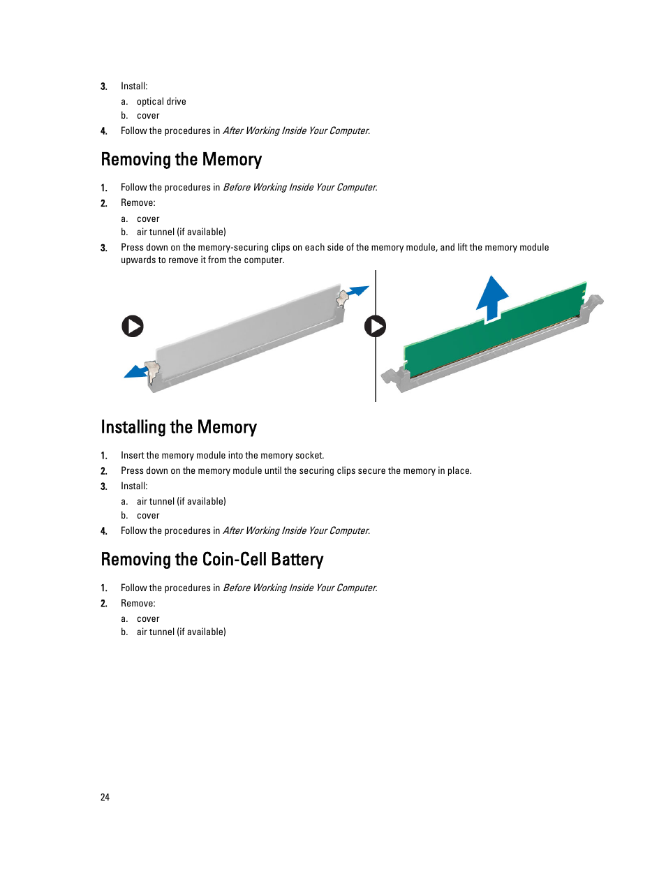 Removing the memory, Installing the memory, Removing the coin-cell battery | Dell Precision T3610 (Late 2013) User Manual | Page 24 / 65