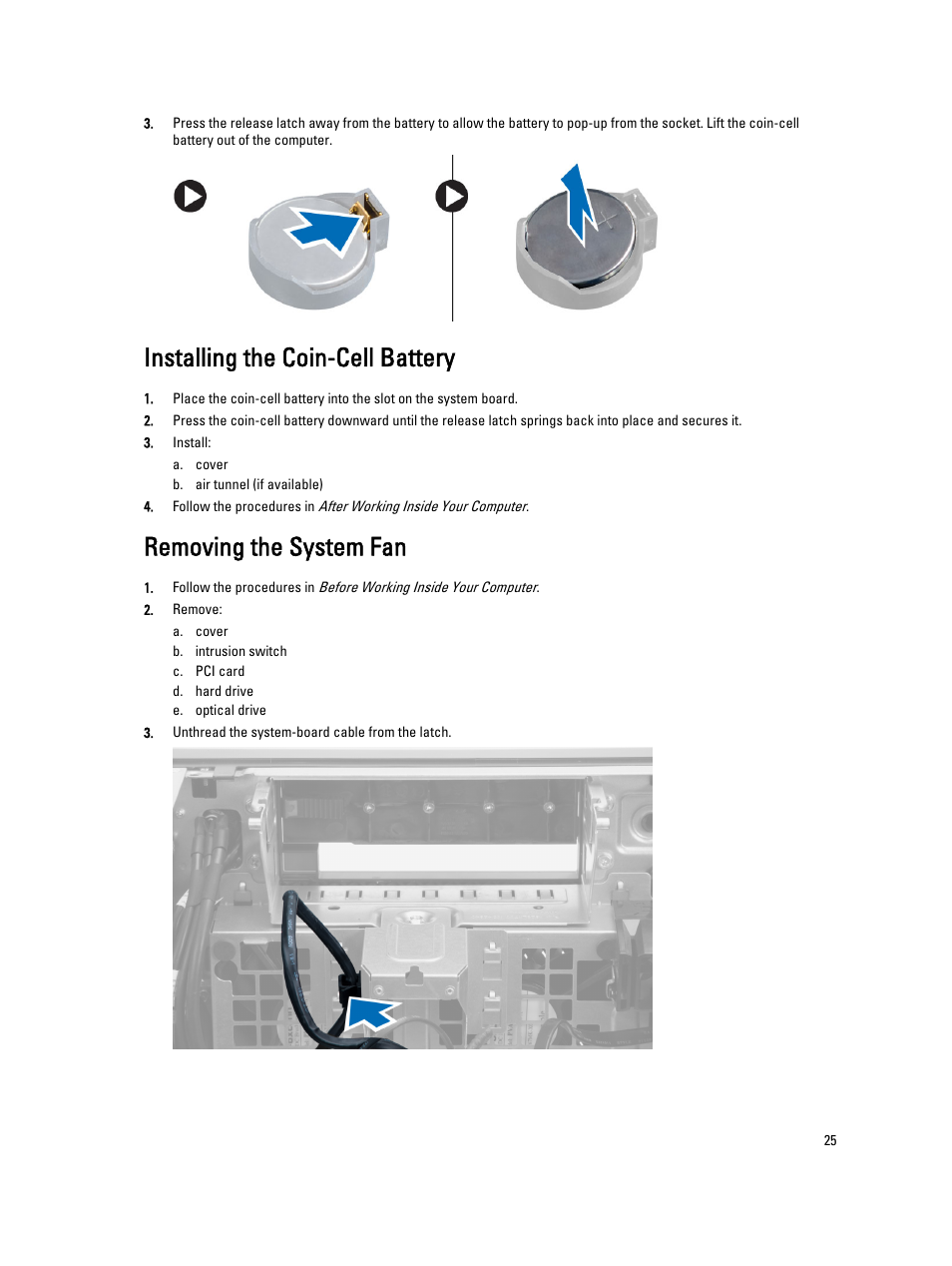 Installing the coin-cell battery, Removing the system fan | Dell Precision T3610 (Late 2013) User Manual | Page 25 / 65