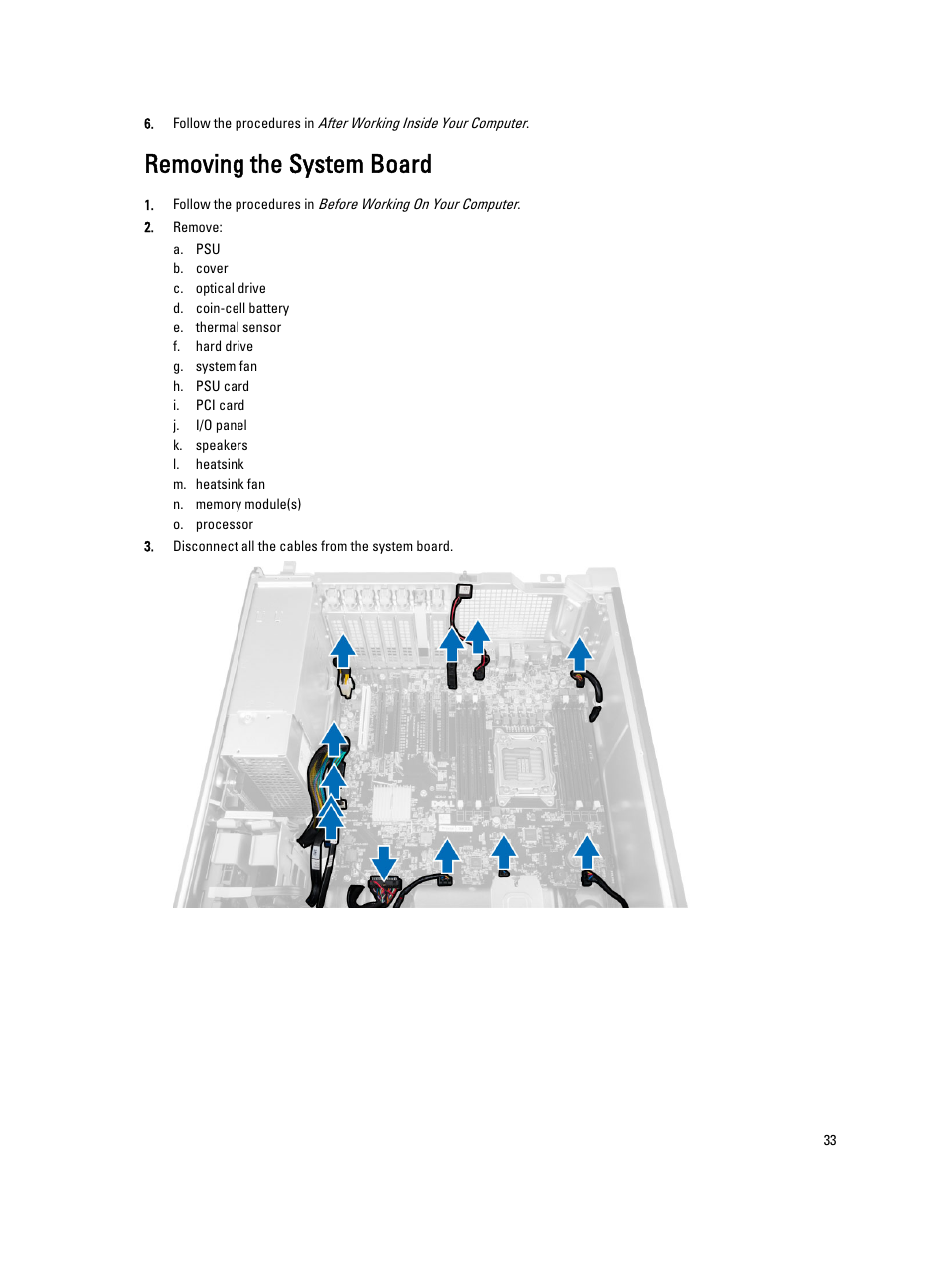 Removing the system board | Dell Precision T3610 (Late 2013) User Manual | Page 33 / 65