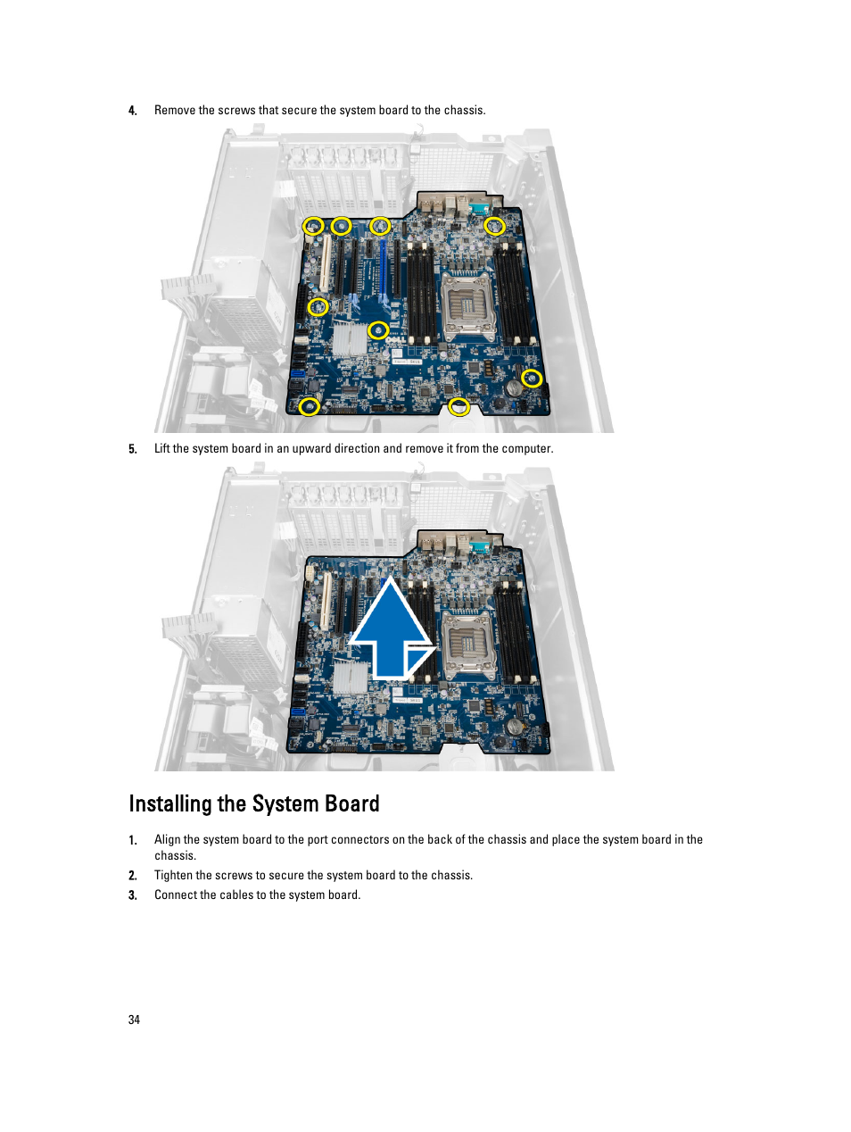 Installing the system board | Dell Precision T3610 (Late 2013) User Manual | Page 34 / 65