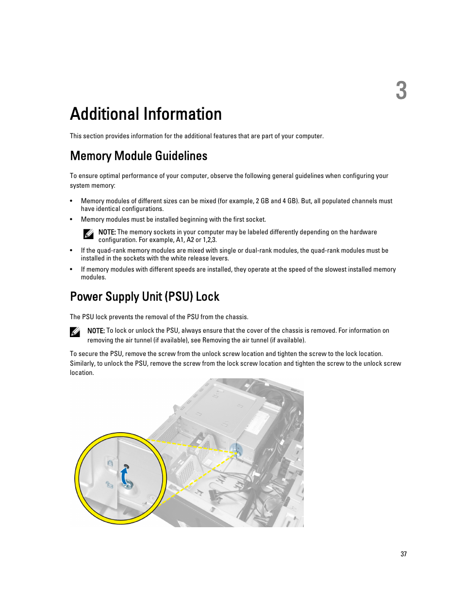 Additional information, Memory module guidelines, Power supply unit (psu) lock | 3 additional information | Dell Precision T3610 (Late 2013) User Manual | Page 37 / 65
