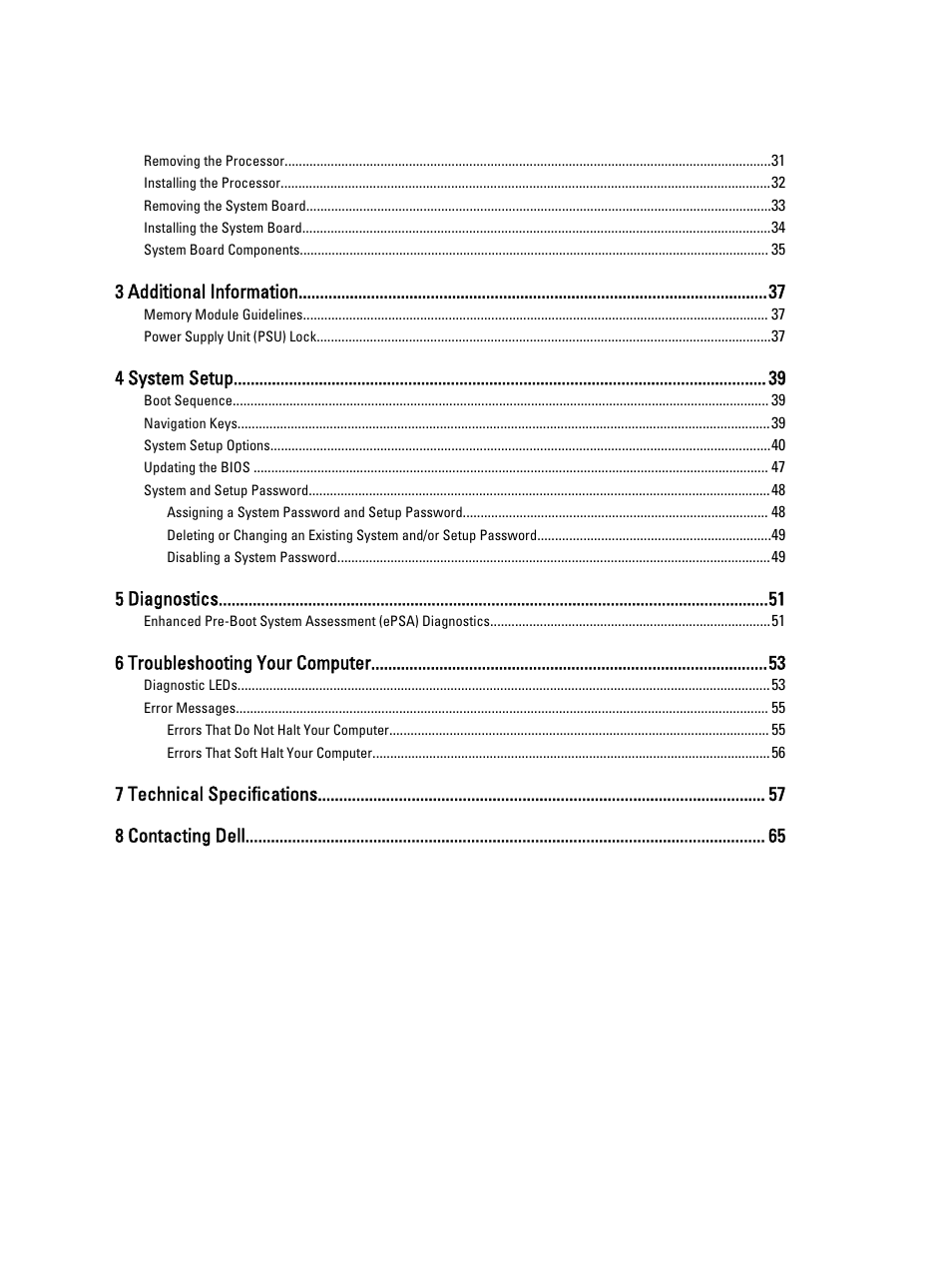 3 additional information, 4 system setup, 5 diagnostics | 6 troubleshooting your computer, 7 technical specifications 8 contacting dell | Dell Precision T3610 (Late 2013) User Manual | Page 4 / 65