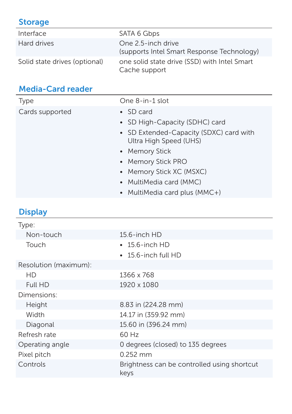 Storage, Media-card reader, Display | Dell Inspiron 15 (7537, Mid 2013) User Manual | Page 4 / 6