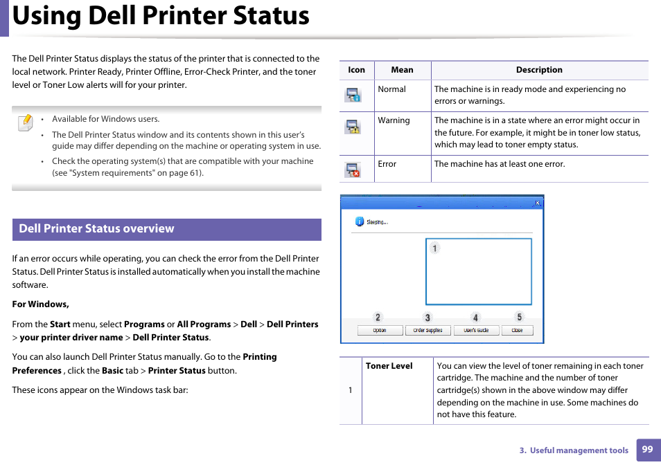 Using dell printer status, Dell printer status overview | Dell B1260dn Laser Printer User Manual | Page 100 / 151