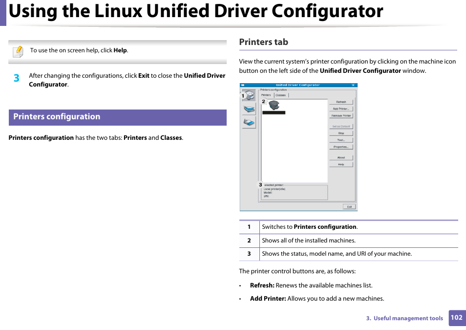 Using the linux unified driver configurator, Printers tab, Printers configuration | Dell B1260dn Laser Printer User Manual | Page 103 / 151