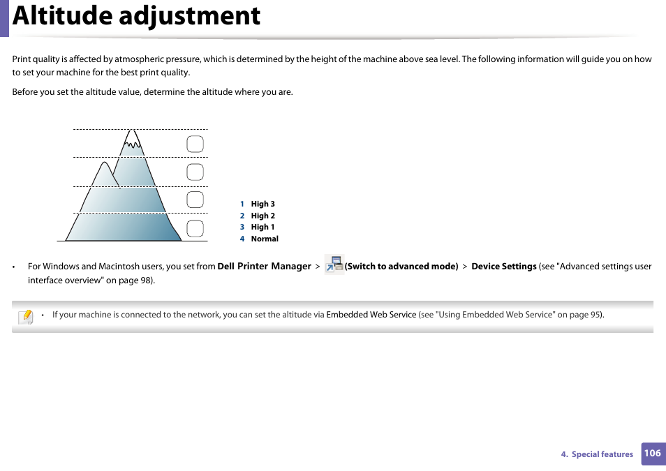 Altitude adjustment | Dell B1260dn Laser Printer User Manual | Page 107 / 151