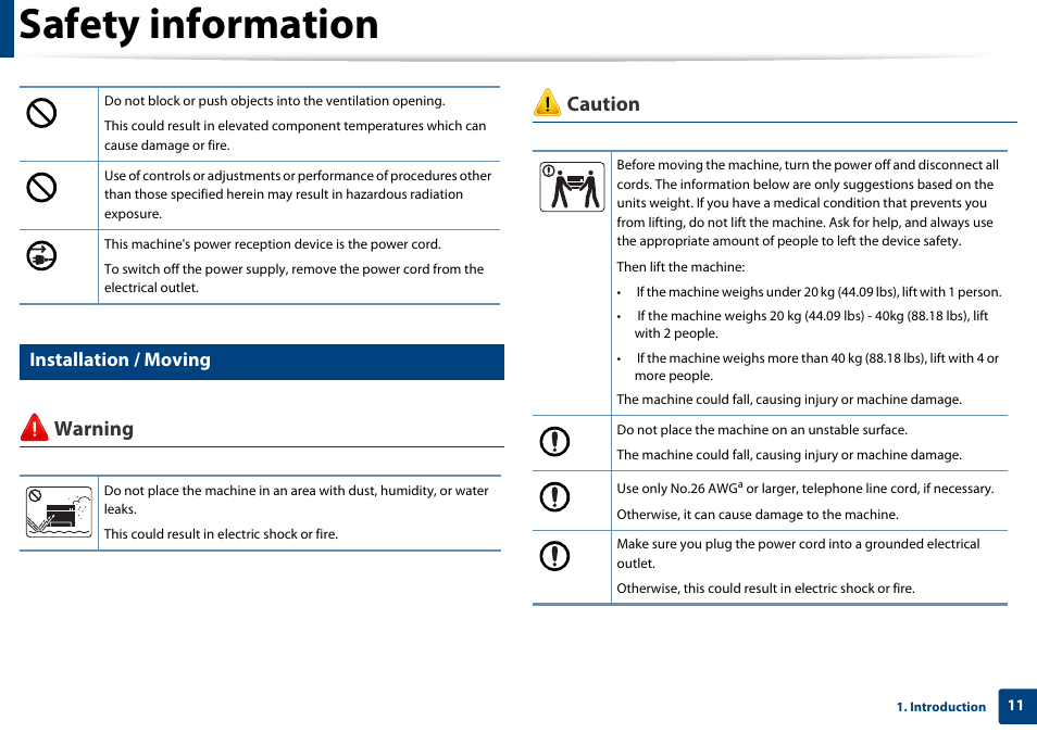 Safety information, Warning caution, Installation / moving | Dell B1260dn Laser Printer User Manual | Page 11 / 151