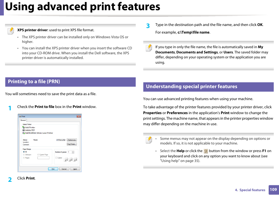 Using advanced print features, Printing to a file (prn), Understanding special printer features | Dell B1260dn Laser Printer User Manual | Page 110 / 151