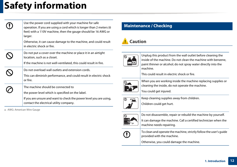 Safety information, Caution, Maintenance / checking | Dell B1260dn Laser Printer User Manual | Page 12 / 151