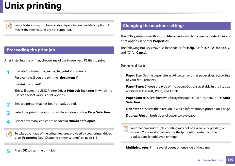 Unix printing, General tab, Proceeding the print job | Changing the machine settings | Dell B1260dn Laser Printer User Manual | Page 120 / 151