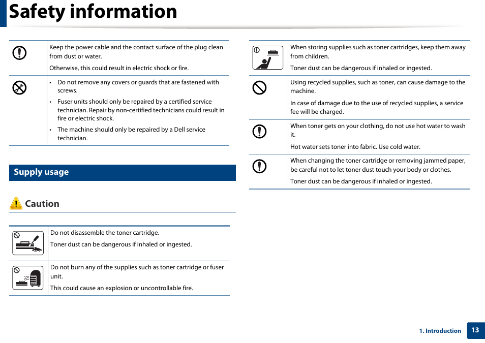 Safety information, Caution, Supply usage | Dell B1260dn Laser Printer User Manual | Page 13 / 151